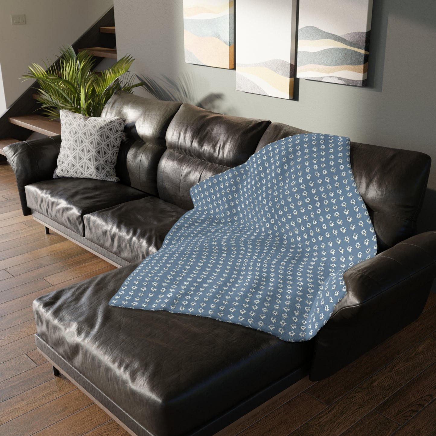 Cozy Velveteen Microfiber Blanket - Denim Geo Star Print