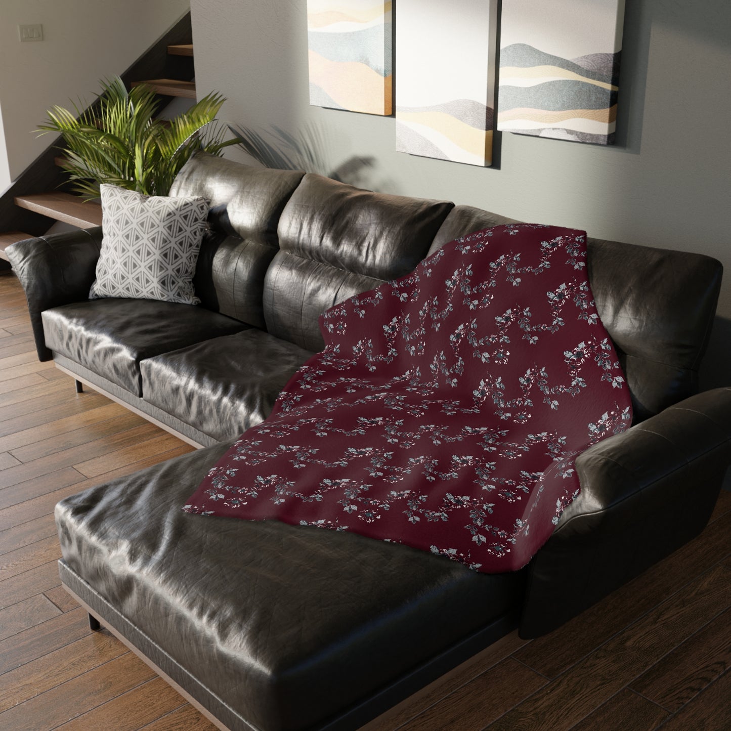 Floral Velveteen Microfiber Blanket - Cottage Vine Santa print