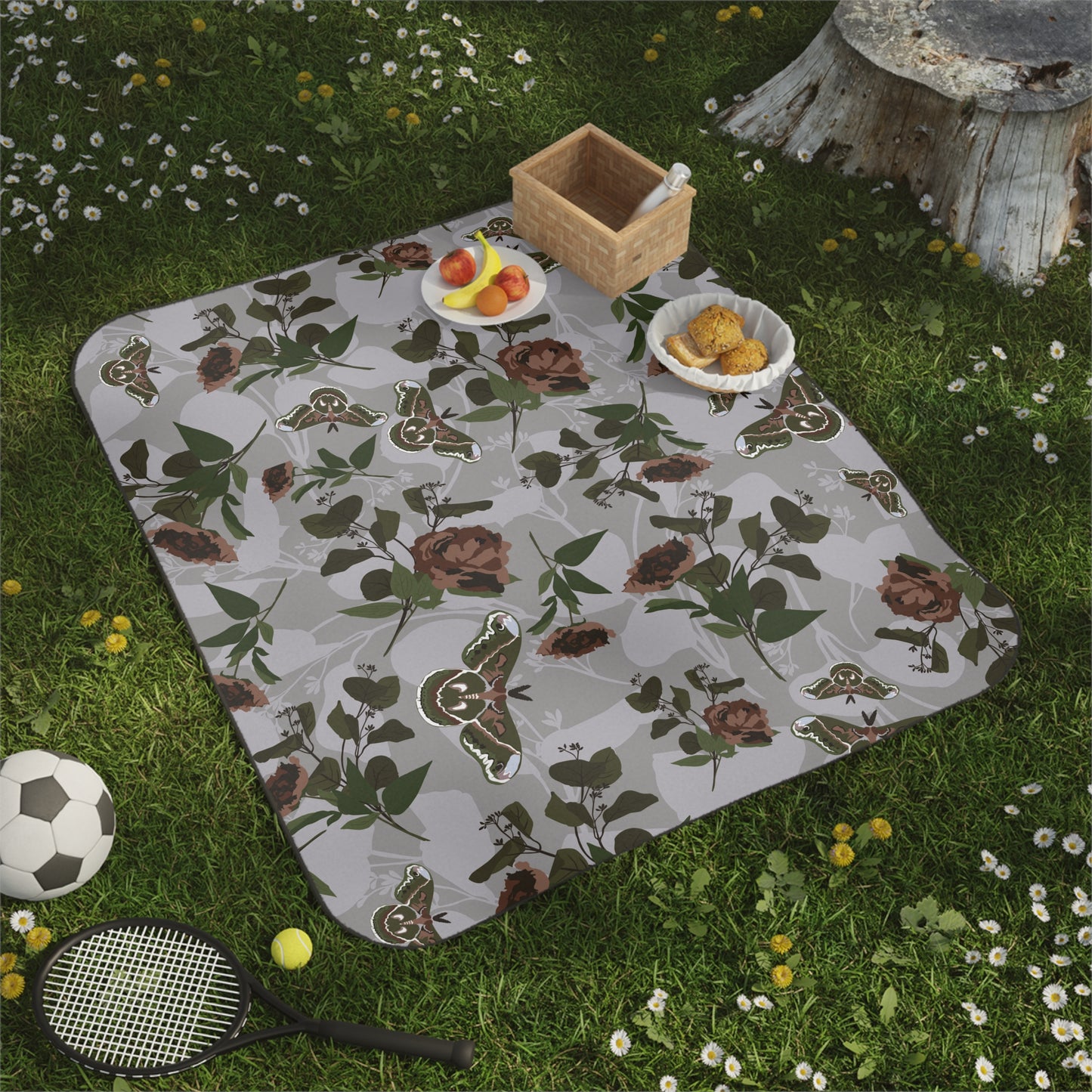 Elegant Floral Picnic Blanket for Outdoor Gatherings with Green Moth print