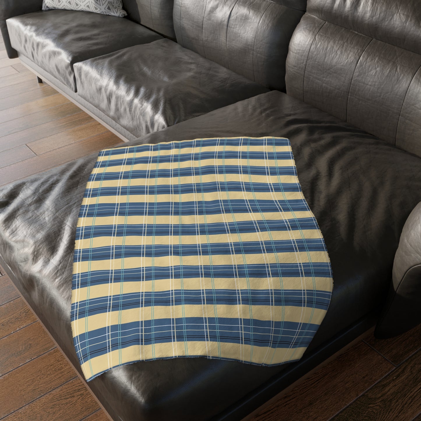 Cozy Velveteen Blanket -Denim and Gold Plaid print