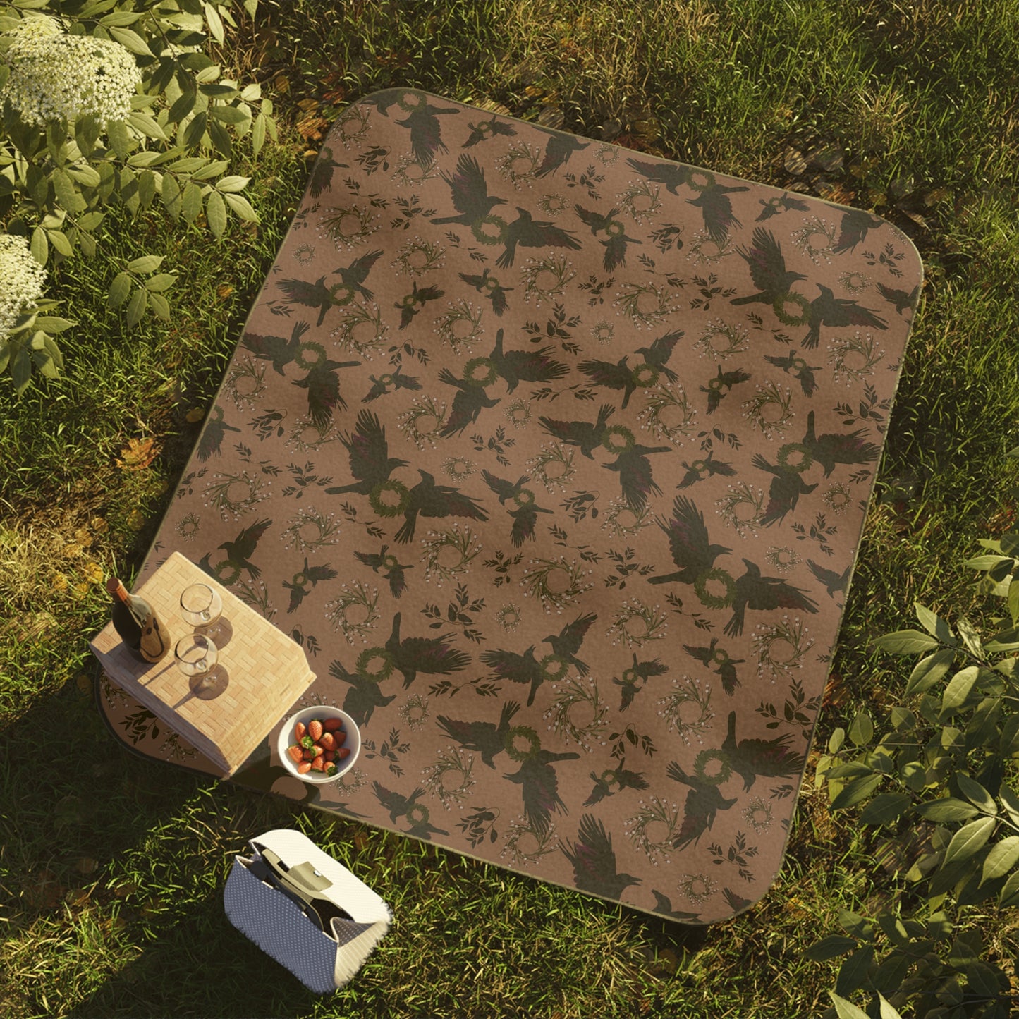 Rustic Nature Themed Picnic Blanket - Autumn Raven print