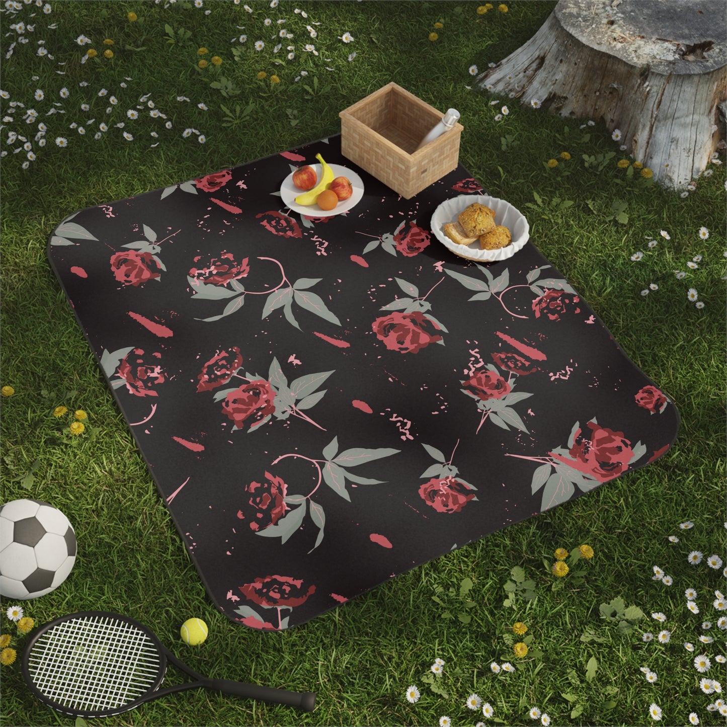 Elegant Floral Picnic Blanket - Black Rose Lipstick print