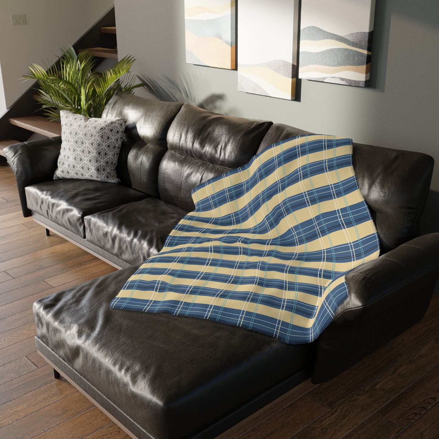 Cozy Velveteen Blanket -Denim and Gold Plaid print