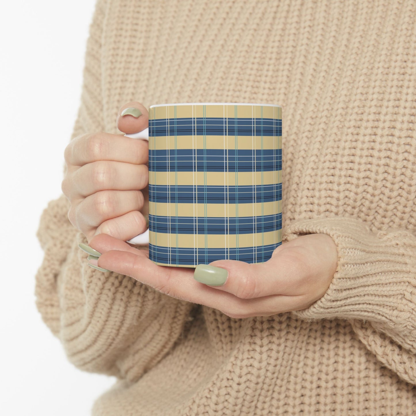 Ceramic Mug -Denim and Gold Plaid print