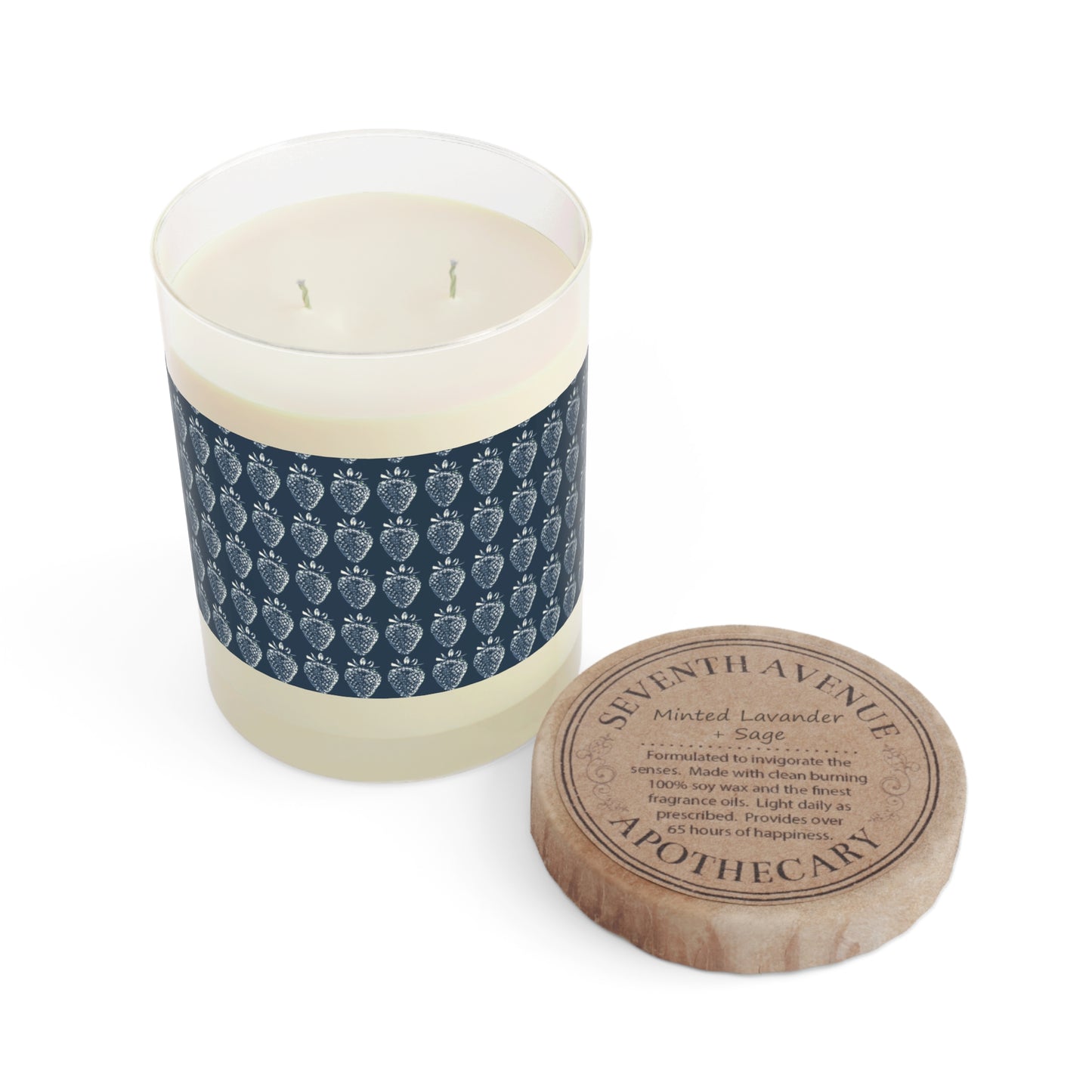 Strawberry Scented Candle - Elegant Full Glass, 11oz with Bluejean Berry print