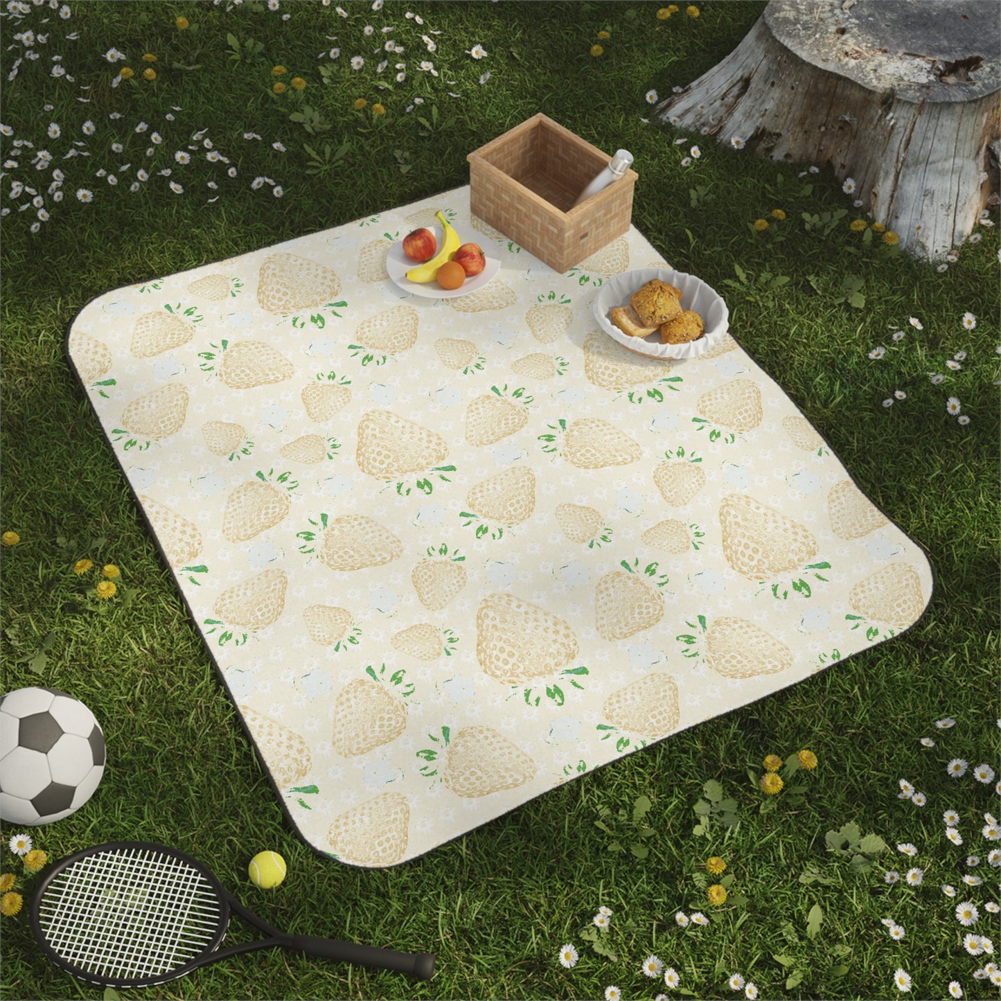Lemon Retro Strawberry Print Picnic Blanket