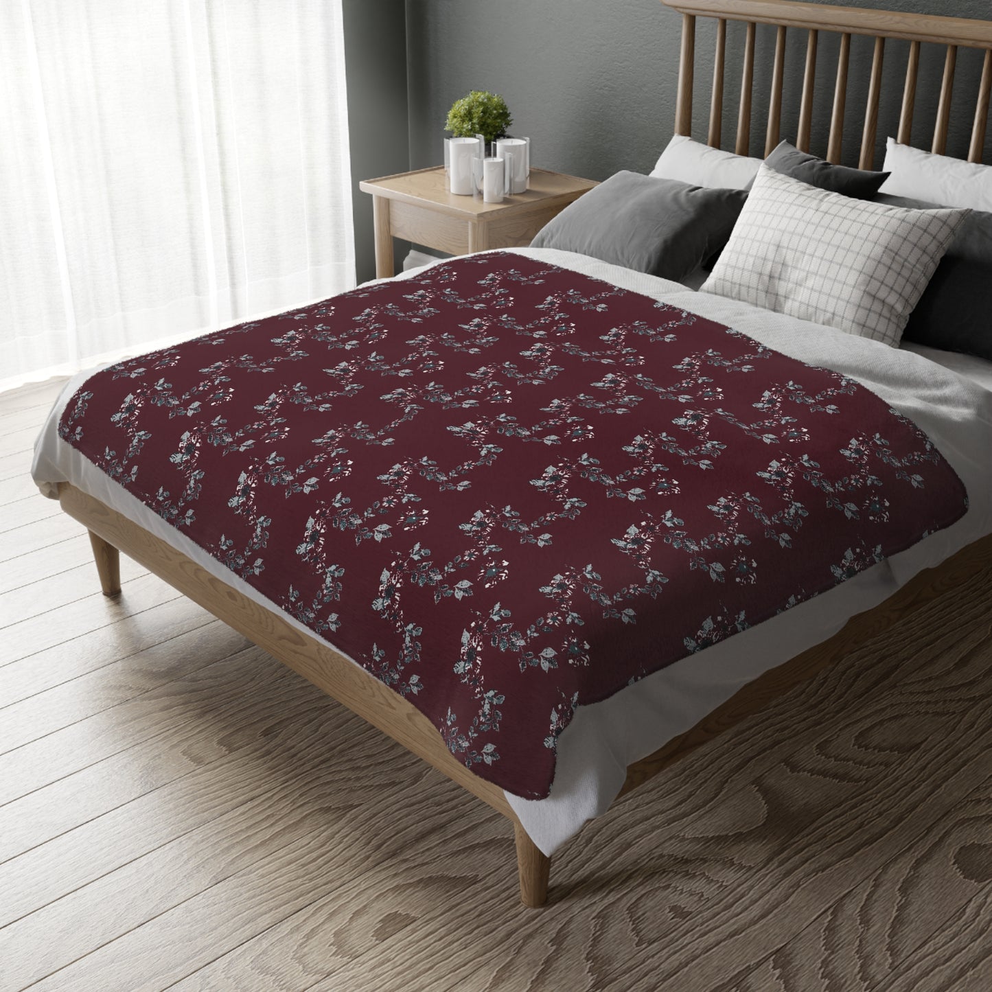 Floral Velveteen Microfiber Blanket - Cottage Vine Santa print