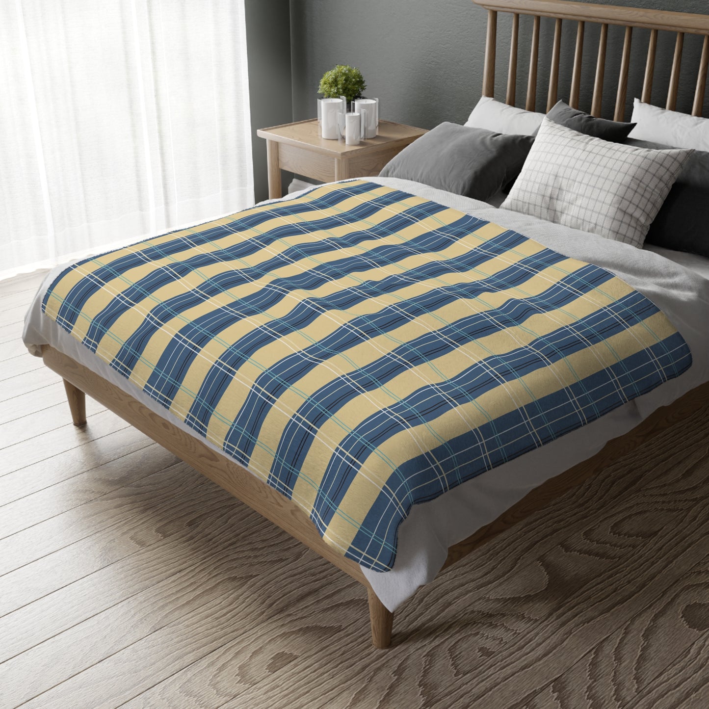 Cozy Velveteen Blanket -Denim and Gold Plaid print
