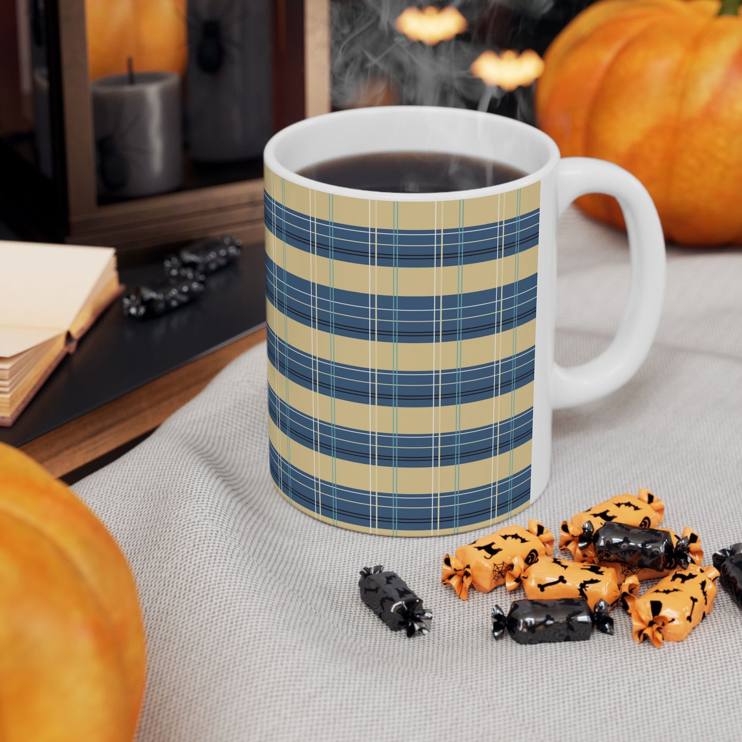 Ceramic Mug -Denim and Gold Plaid print