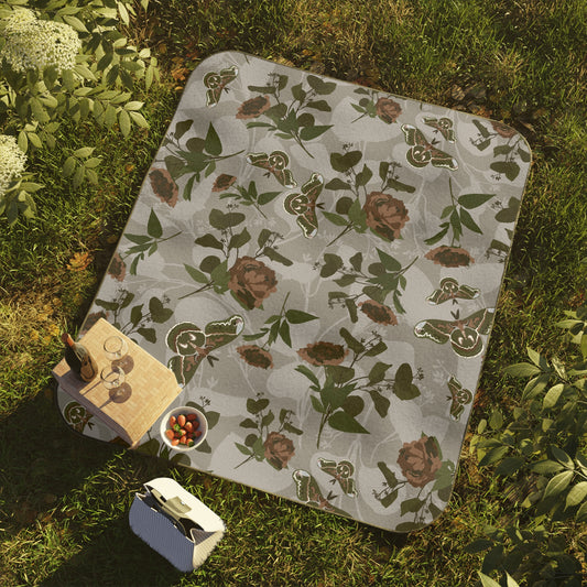 Elegant Floral Picnic Blanket for Outdoor Gatherings with Green Moth print