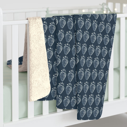 Strawberry Stamp Sherpa Fleece Blanket in denim