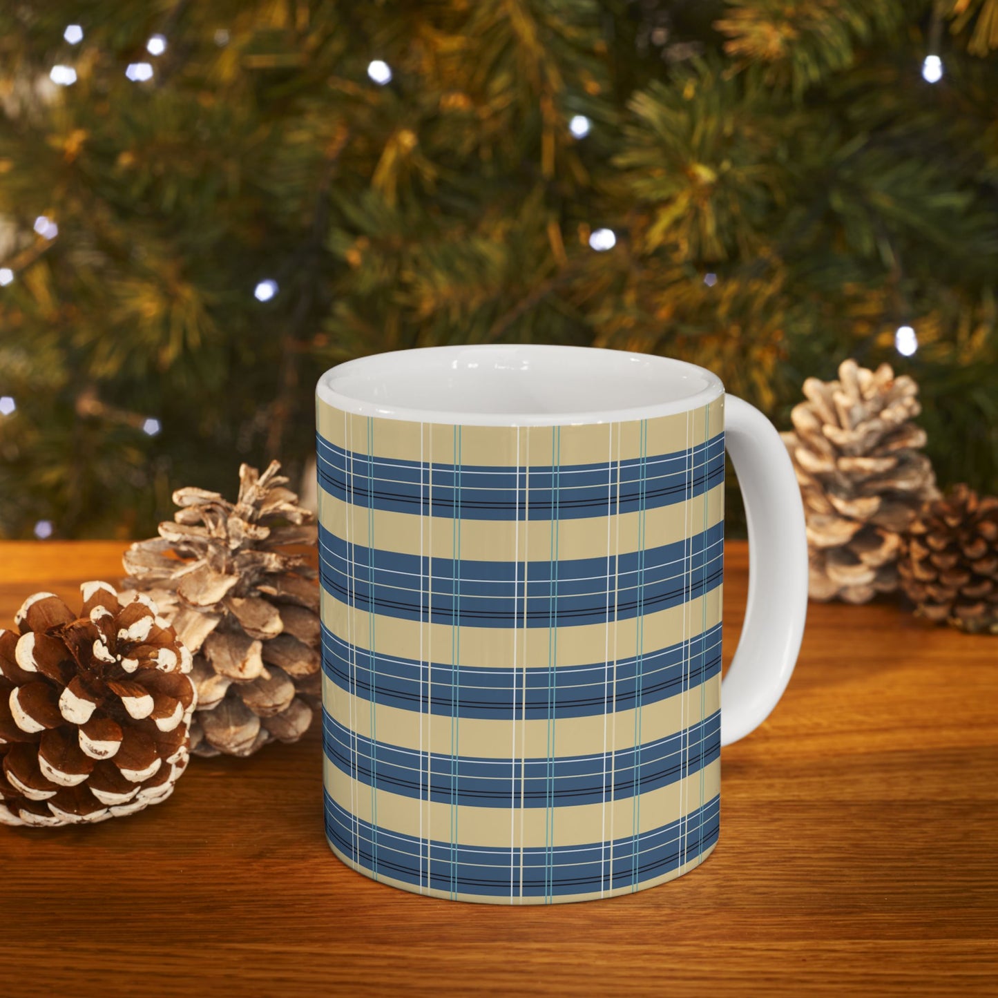 Ceramic Mug -Denim and Gold Plaid print