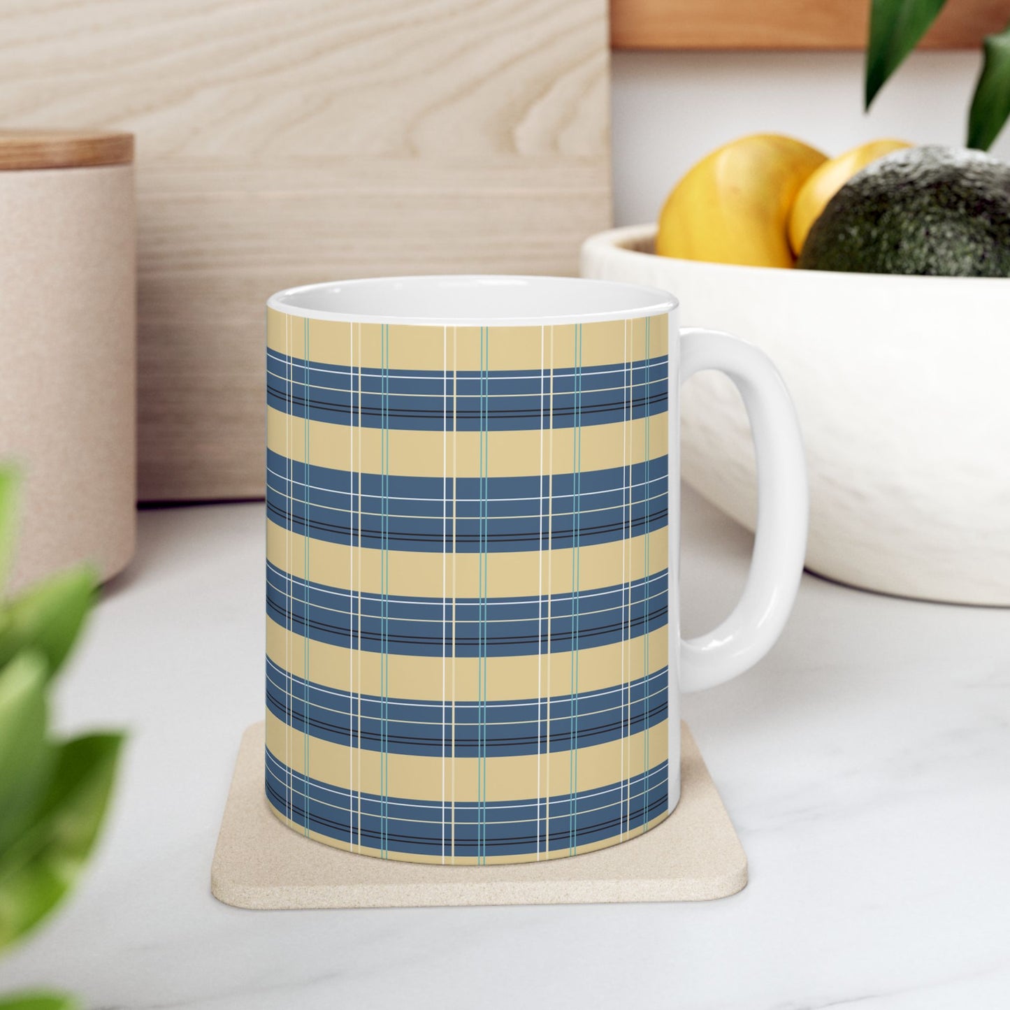 Ceramic Mug -Denim and Gold Plaid print