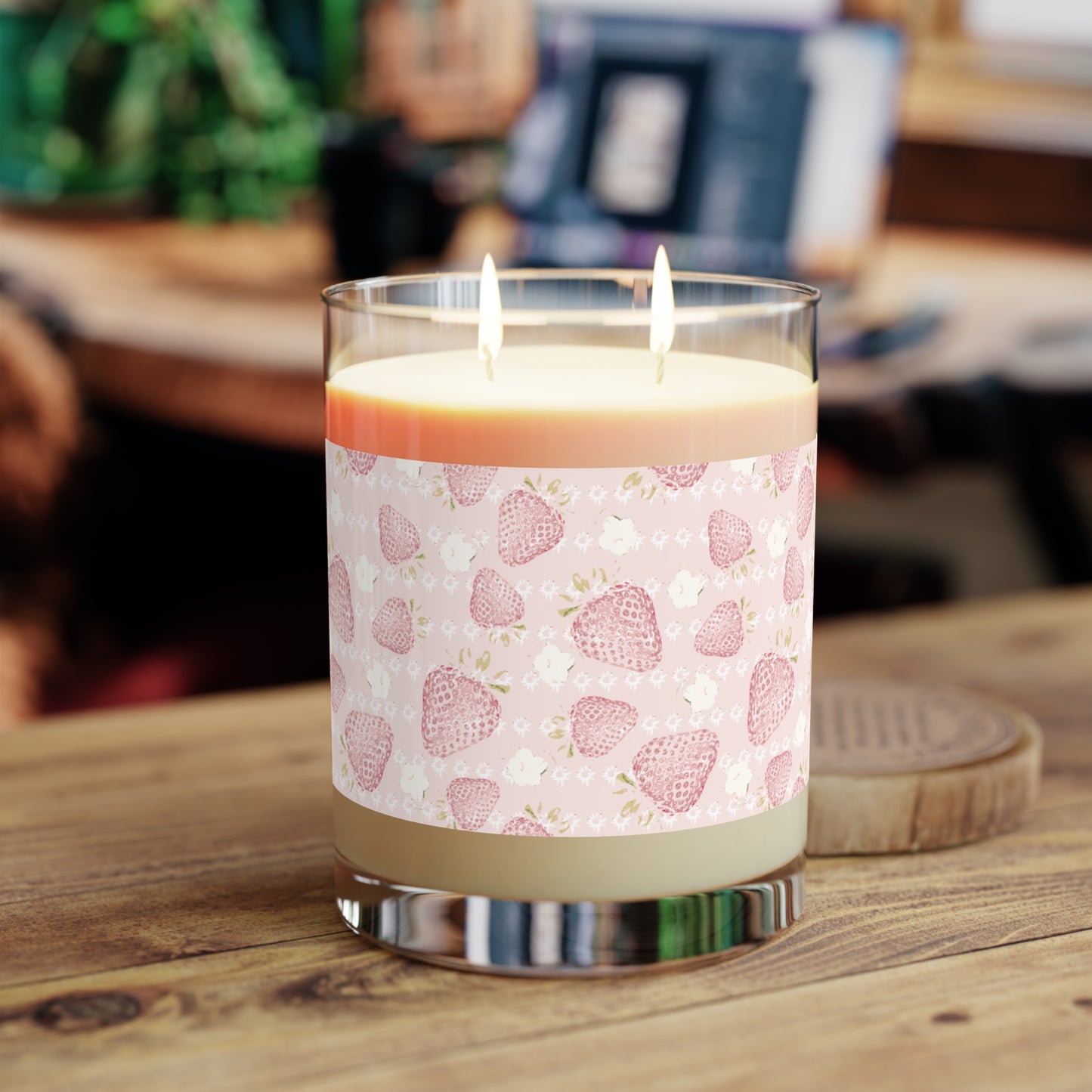 Retro Strawberry Scented Candle in soft pink- Full Glass, 11oz