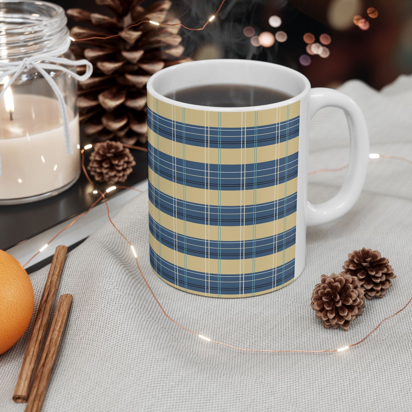 Ceramic Mug -Denim and Gold Plaid print