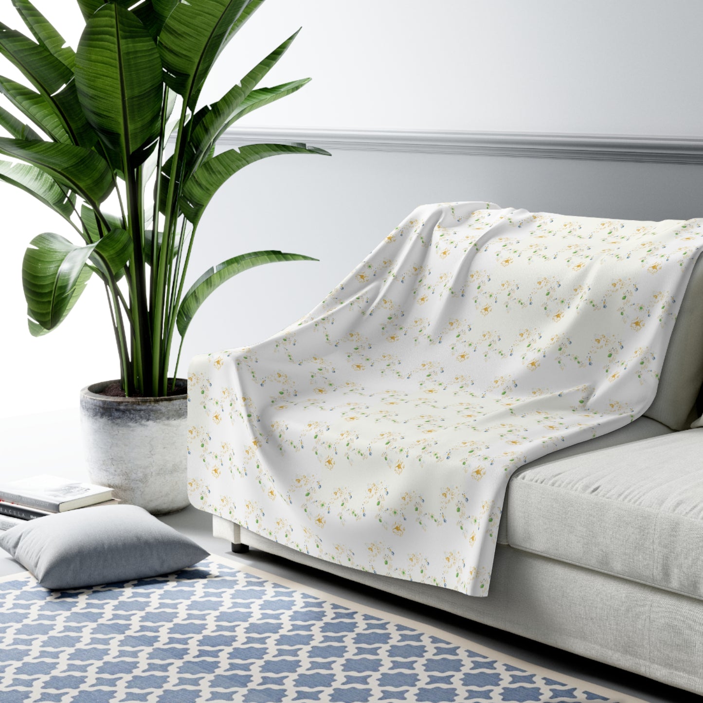 Sherpa Fleece Blanket - Butter Yellow Berry Vine Design