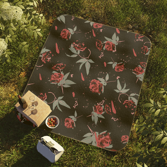 Elegant Floral Picnic Blanket - Black Rose Lipstick print