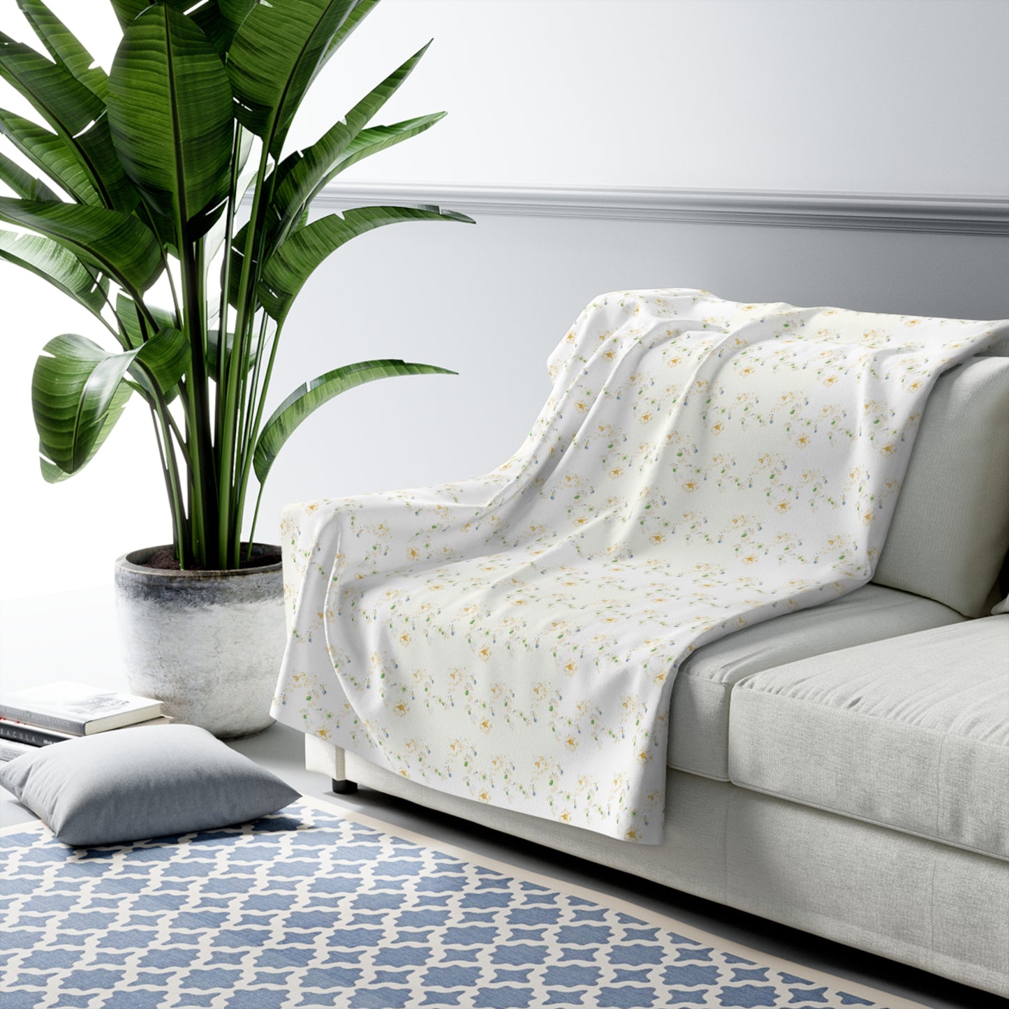 Sherpa Fleece Blanket - Butter Yellow Berry Vine Design