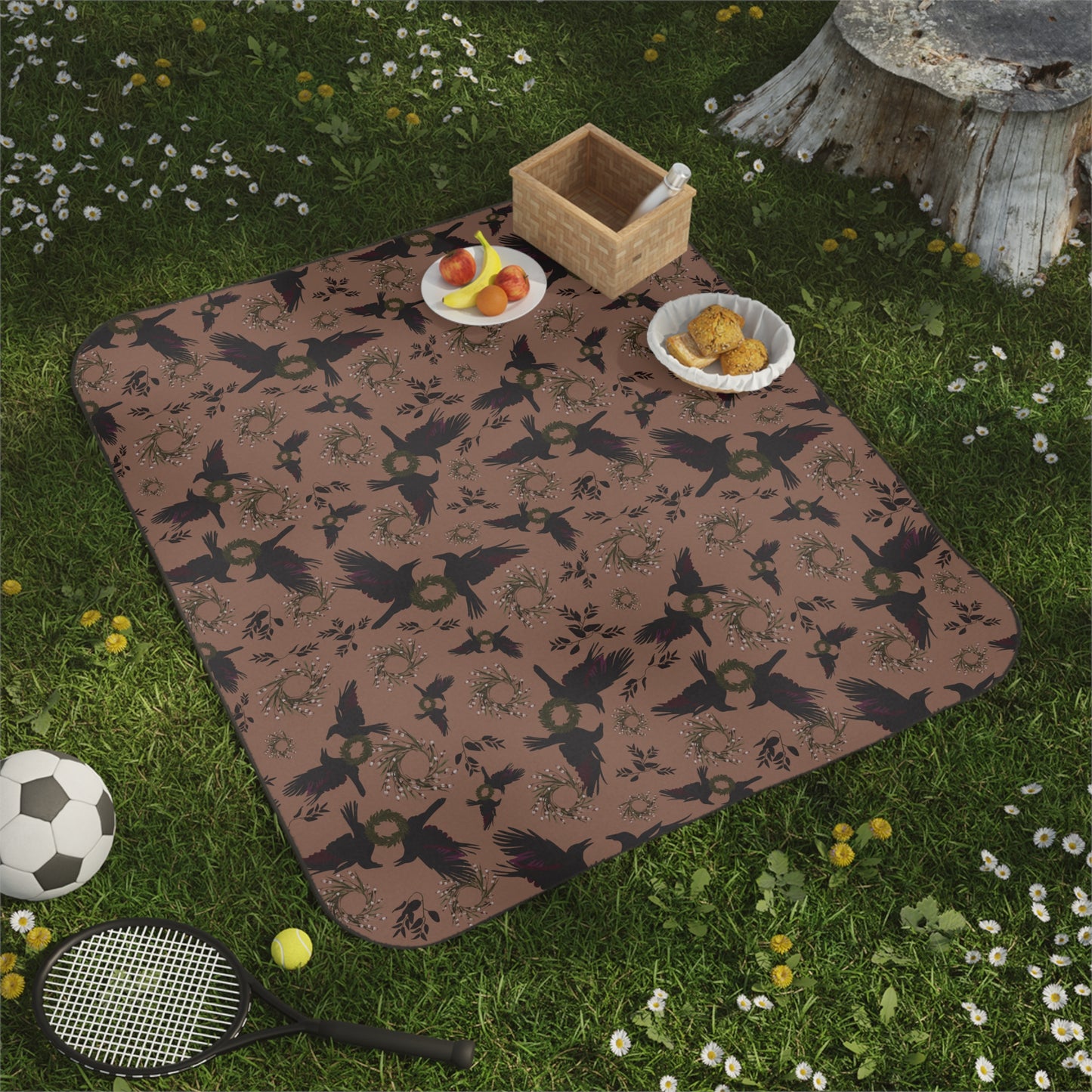 Rustic Nature Themed Picnic Blanket - Autumn Raven print