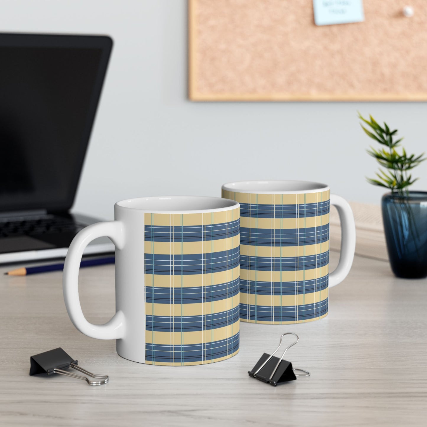 Ceramic Mug -Denim and Gold Plaid print