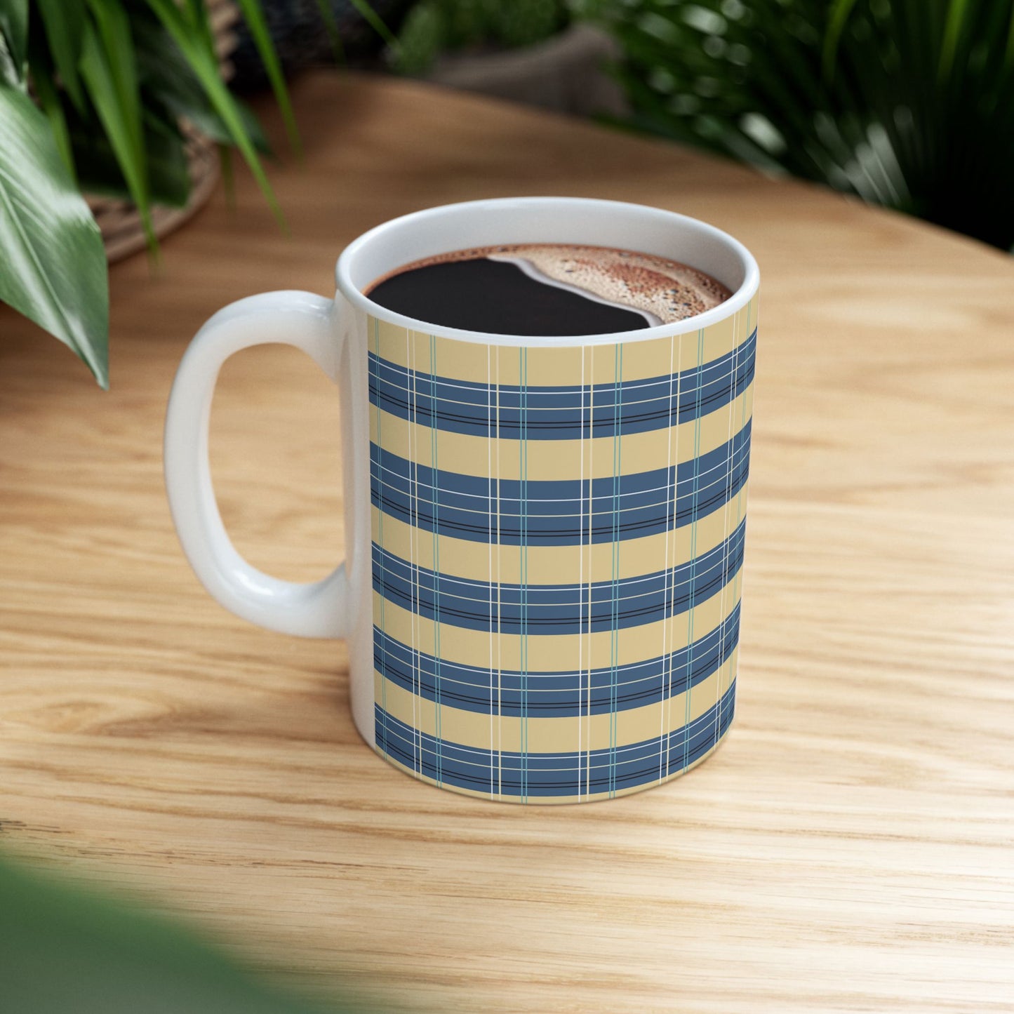 Ceramic Mug -Denim and Gold Plaid print